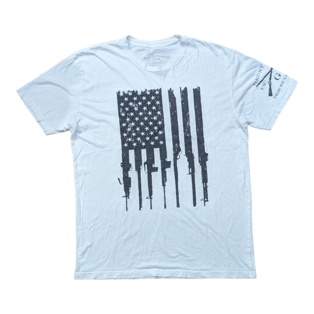 Grunt Style T-shirt Mens L White Rifle Flag Short Sleeve Patriotic American Gun